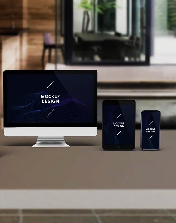 Desktop computer, tablet, and smartphone displaying responsive website mockups, representing modern web development across all devices.
