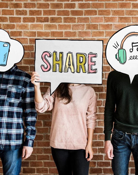 People holding illustrated speech bubbles with icons representing content sharing and media, symbolizing social media interaction and engagement.